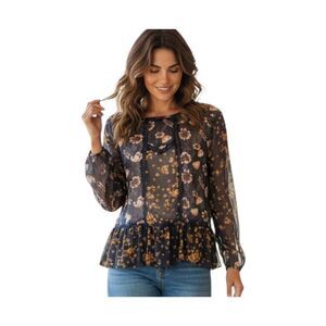 XHILARATION NAVY & PEACH FLORAL SHEER BOHO-INSPIRED BLOUSE SZ.S EUC.